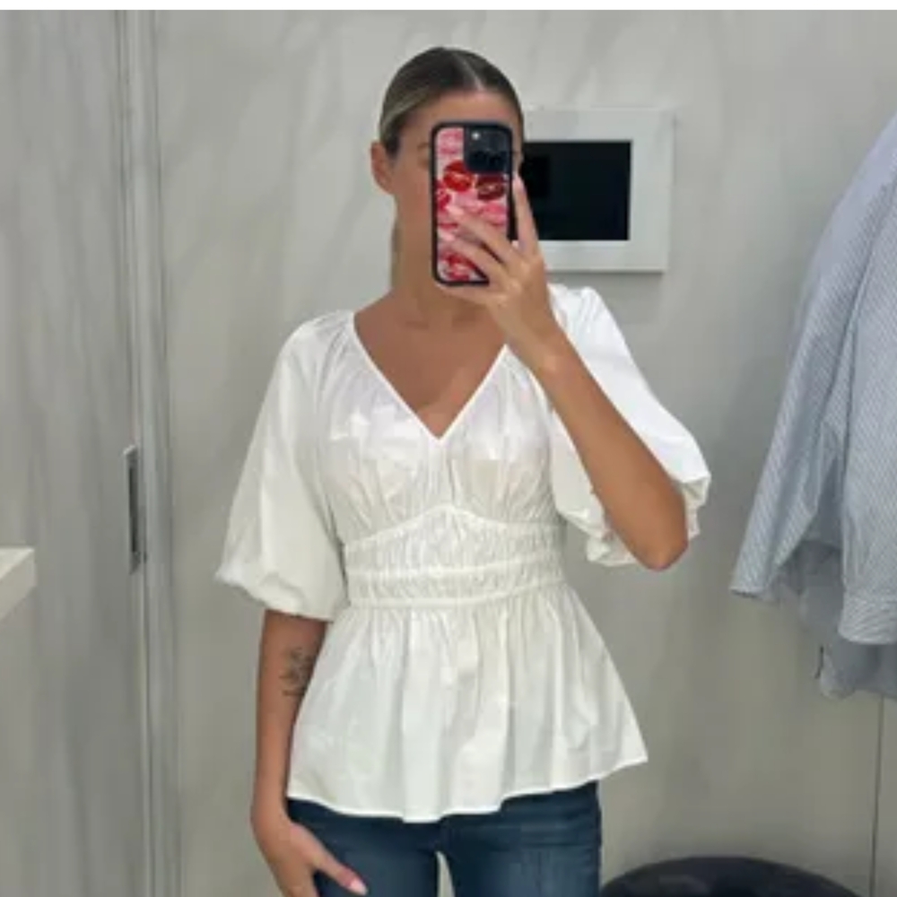 White House Black Market White V-Neck Smocked Peplum Blouse